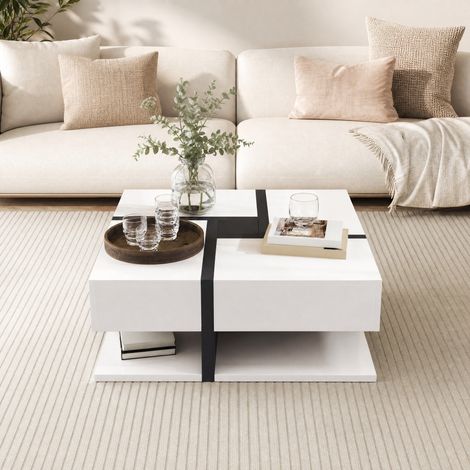 Table basse carrée 78x78x36 cm avec 4 tiroirs, rangement inférieur, blanc et noir DESVIAE (1/5)