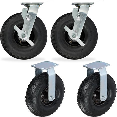 Relaxdays Set 2 ruote fisse + 2 ruote girevoli, ruote pneumatiche portata 120 kg, 3.00-4, nero/argento