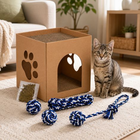 Mini-ensemble Pet Comfort (2 pièces) – Maison pour chat moderne en carton et lot de 4 jouets pour chien (1/5)