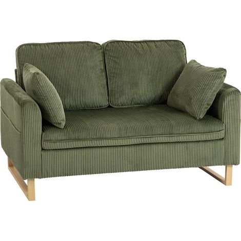 HOMCOM 2 Seater Sofa, Corduroy Sofa w/ Spring Cushions 2 Pillows, Dark Green