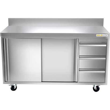 Meuble bas inox 1800x600 mm adossée avec 3 tiroirs à droite sur roulettes PREMIUM - GOLDINOX (1/2)
