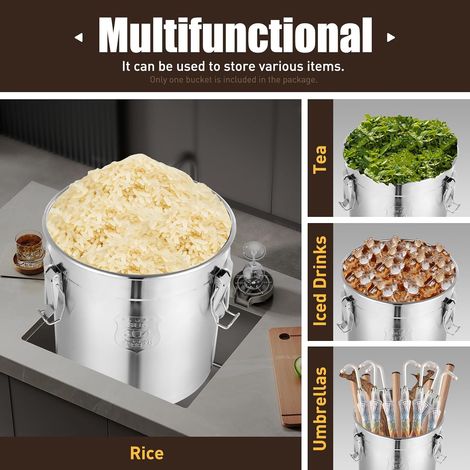 21L Seau hermétique en acier inoxydable Récipient à farine Stockage aliments cuisine Boîtes conservation riz, farine, céréales (1/5)