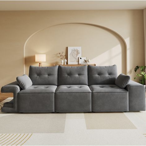 Canapé modulable 3 places gris en velours avec larges accoudoirs, coffre intégré et 2 coussins (1/5)