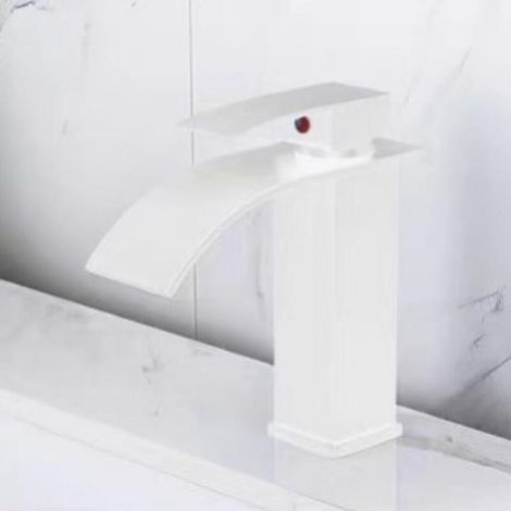 Robinet de salle de bain style cascade – Mitigeur monotrou eau chaude/eau froide – Bec courbé – Profil bas – Blanc : 17 x 6 x 20,5 cm (1/5)