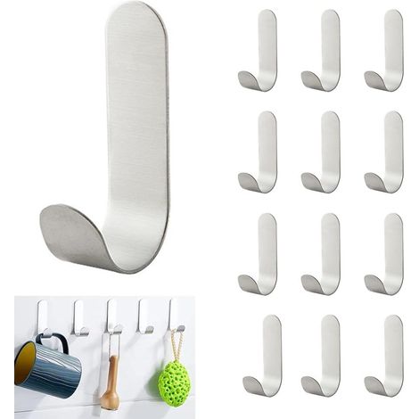 12 Pieces Wall Adhesive Hook, Stainless Steel Bathroom Towel Hook, No Drilling Adhesive Hook, Waterproof Self Adhesive Towel Holder for Bathroom Kitchen Living Room and Office (1/5)