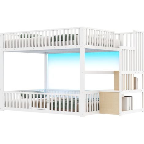 Lit superposé 140x200 avec escalier de rangement, LED, blanc (1/5)