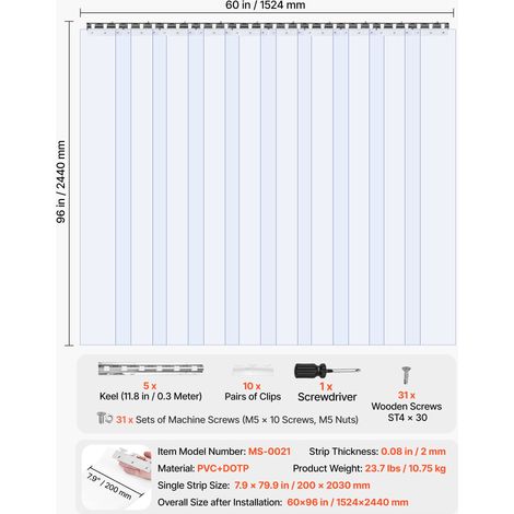 Rideau Lames PVC Transparent, 2.4 m H x 1.5 m L x 2 mm Ep, 10 Bandes Frigo Chambre Froide Entrepôt Garage, Plastique étanche Lisse Porte (1/5)