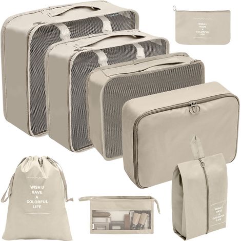 Ensemble de 8 cubes de rangement – Organisateur de valise – Cubes de voyage – Organisateur de voyage pour valise et sac à dos – Organisateur de bagages – Beige (1/5)