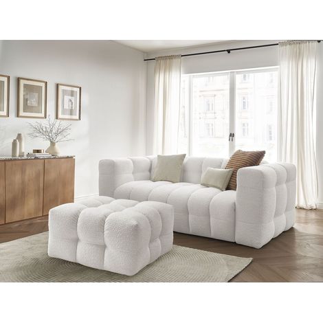 BOBOCHIC - Canapé droit convertible 3 places ouverture express CLOUD tissu bouclette avec pouf Blanc (1/5)