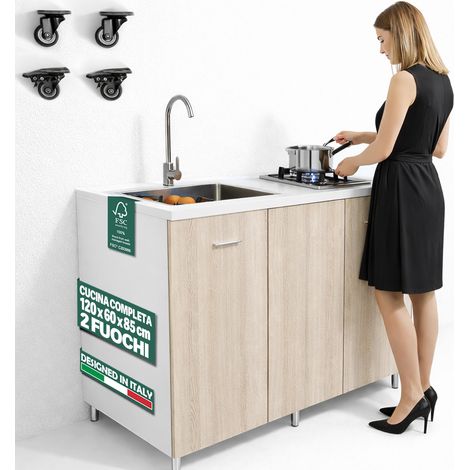 Cucina Completa 120x60cm Olmo Piano Cottura 2 Fuochi Lavello con Rubinetteria