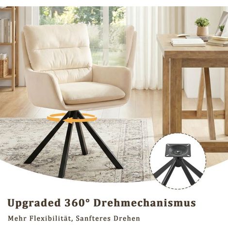 Bon Furni Velours Chaise de salle à manger Blanc Ivoire, Lot de 6, pivotante 360°, dossier segmenté, accoudoirs et pieds en métal robustes