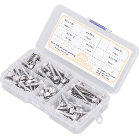 Lot de 80 vis autoperceuses M4.8 à tête hexagonale avec rondelle, acier inoxydable 410, kit assorti de fixation. (1/5)