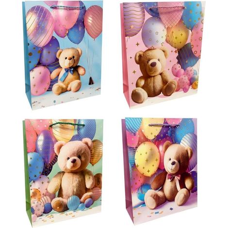 Bolsa de regalo infantil con osito de peluche y surtido de globos.
