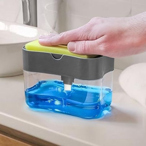 1 x distributeur de savon de haute qualité pour la cuisine avec porte éponge intégré pour plan de travail, gris (1/5)