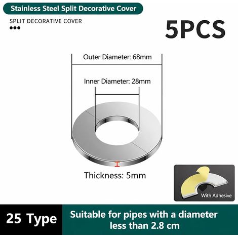 (5 pièces, type 25) Cache-trou de tuyau en acier inoxydable, plaque de dissimulation décorative pour robinet, climatiseur, tuyau d'eau à gaz. (1/5)