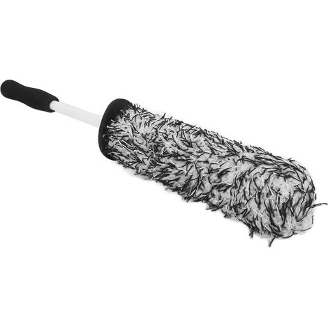 Brosse de nettoyage pour pneus et roues de voiture en microfibre douce et multifonctionnelle à longue portée pour pot d'échappement, pare-chocs et garde-boue. Gris et blanc. (1/5)
