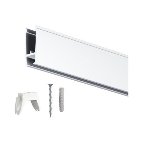 Rail cimaise XPO Rail 200cm + clips + vis + chevilles - rail de suspension de plexi de protection - conditionnement : rail à l'unité - couleur : blanc - typedemur : creux (1/4)