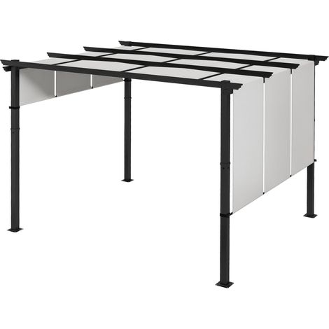 Pergola avec 3 toiles coulissantes 3,5L x 3l x 2,35H m structure métal époxy anticorrosion noir toile polyester gris