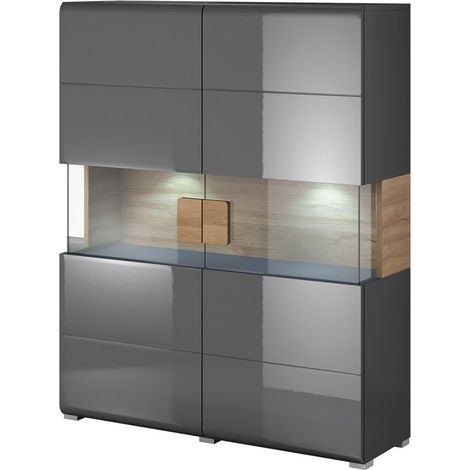Doppeltür-Vitrine aus der OHIO-Kollektion. Farbe Anthrazitgrau und Eiche.