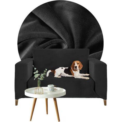 Housse Canapé Angle - Velours Noir - Pour Canapé 1 Place 90 à 140 cm - Élasthanne Intégré - Lavable Machine (1/5)