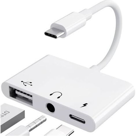 【3 in 1】 Adattatore USB C Jack da 3,5 mm con Adattatore di Ricarica Rapida per OTG, Audio Auricolare Splitter Tipo C per Aux per Samsung Galaxy S22 Ultra S20 S21 i-Pad Pro Air Pixel 4 (Bianco) (1/5)