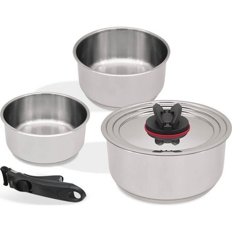 Kompaktes Topfset mit abnehmbarem Griff, 5-teilig.