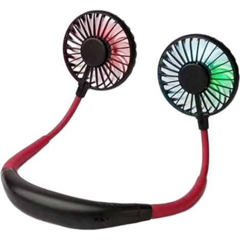 Ventilateur USB portable à suspendre autour du cou, ventilateur mains libres personnel avec 3 vitesses et une autonomie de 4 à 12 heures pour le bureau, la maison et les voyages (noir-rouge) (1/5)