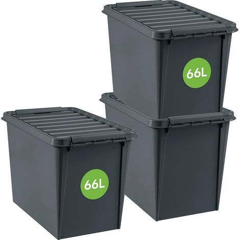 Recycled 66 L - Lot de 3 Boîtes de Rangement - 100% Plastique Recyclé - Gris - 59 x 39 x 43 cm - 66L (1/5)