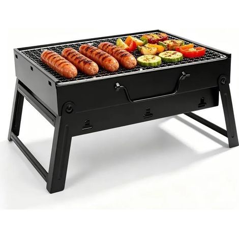 Barbecue Portable Mini - SunJas - BBQ à Charbon Pliable Grill de Table Démontable 35 x 27 x 19.5 cm Camping - Noir (1/5)