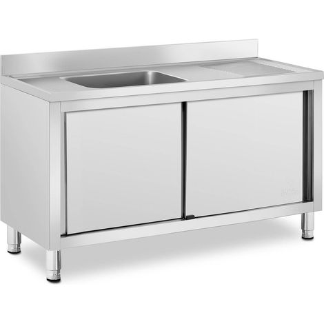 Royal Catering – Plonge inox sur meuble 1 bac 500x400x240 mm – Acier inoxydable – Dosseret 100 mm – Portes coulissantes pratiques (1/5)