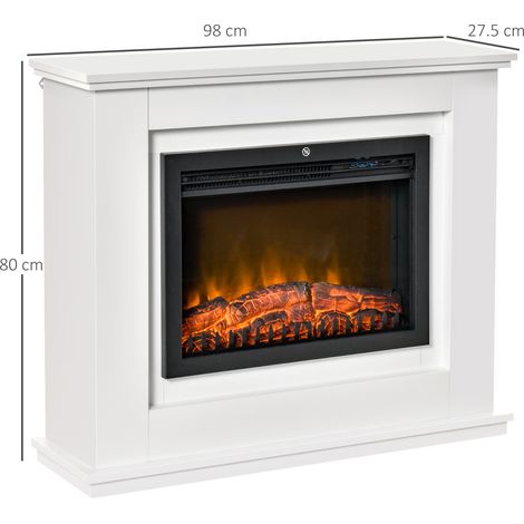 Poêle électrique avec effet de flamme réaliste et cadre en bois, thermostat, protection contre la surchauffe, minuterie et télécommande, 1000W et 2000W, 98x27,5x80cm, blanc. (1/5)