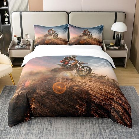 Housse de Couette 220x240 Pilote de Motocross en Coton, Ensemble de Literie Vélo de Course, Parure de Lit Moto Sport Extrême, Housse Couette, 3 Pièces (1/5)