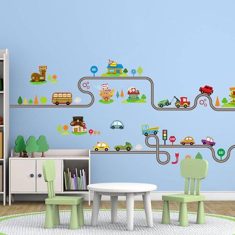 stickers Muraux Route Et Voiture (2 Feuilles) Stickers Muraux Pour Enfants Peler Et Coller, Dcoration Murale D'art Pour Chambre De Maternelle, Sal