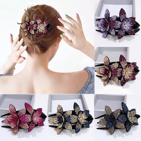 Set di 5 fermagli per capelli da donna con doppio fiore e strass, squisiti fermagli per capelli in cristallo, accessori decorativi per capelli spessi e lunghi (1/5)