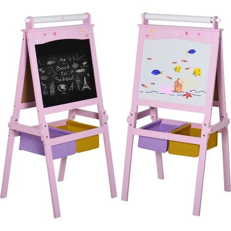 Kids Easel 3 in 1 Wooden Art Easel with Paper Roll Double-Sided Chalkboard & Whiteboard with Storage Baskets for Toddler Girls, Pink