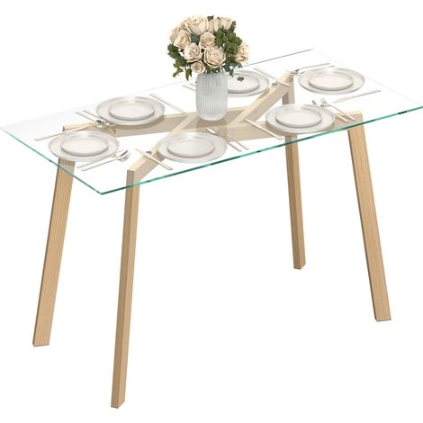 HOMCOM mesa de comedor rectangular, mesa de cocina moderna para 6 personas, superficie de vidrio templado, 150x75x76 cm, transparente y madera natural