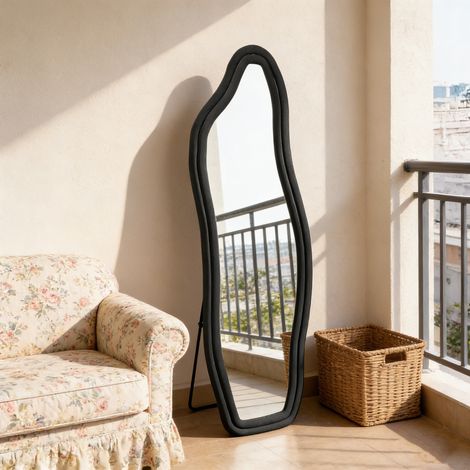 Miroir sur pied, 160x50cm, miroir mural, Miroir pleine longueur, Cadre en velours, verre trempé, pour Salon, Entrée, Noir
