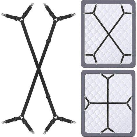 Lot de 2 sangles de maintien pour draps-housses, réglables et croisées, avec élastiques et attaches. (1/5)
