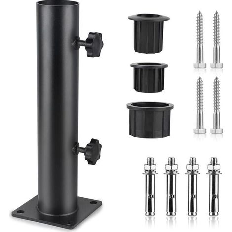 Sonnenschirmständer, Sonnenschirmrohr, verstellbarer Sonnenschirmhalter aus Metall mit 3 Reduzierringen aus PVC (32/38/48 mm), Sonnenschirmständerrohr mit 8 Stahlnägeln, schwarz (1/4)