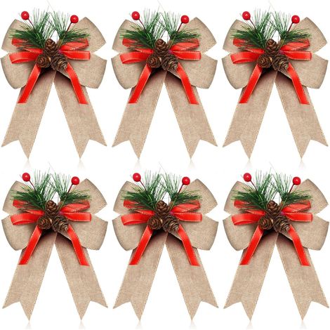 6-teiliges Set Weihnachtsschleifen mit Tannenzapfen, Tannennadeln, Leinenschleifen und Bändern, ideal für Christbaumkränze, Weihnachtsdekoration, drinnen und draußen, Bastelarbeiten und DIY-Projekte
