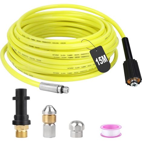 15 m langer, flexibler Abflussreinigungsschlauch (180 bar) mit 2 Düsenadaptern für Kärcher K2-K7 Hochdruckreiniger (1/5)