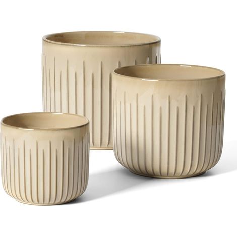3er Set Blumentöpfe Keramik Beige 21+17+14 cm mit Drainageloch (1/5)