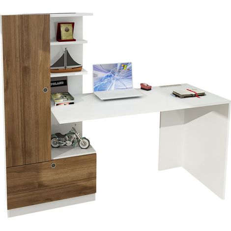 Vente-Unique – Bureau droit blanc et noyer 120x61.8cm – Panneau mélaminé 18mm – Étagère intégrée pour rangement – Design scandinave (1/5)