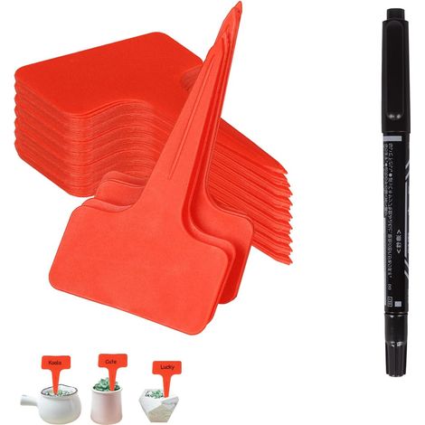 100 pièces Etiquette Jardin Exterieur Marqueurs en Plastique de Plantes Type T Plastique Etiquette Potager avec Stylo étanche Etiquetage Réutilisable et Accessoires pour Plantes(rouge) (1/5)