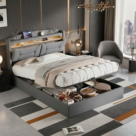 Stauraumbett 140x190 cm Leinen, Bett mit LED und Ladeanschluss, Lattenrost, Kopfteil mit Ablage, Grau