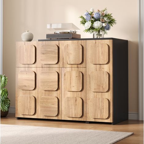 Buffet modulable en bois clair avec tiroirs, portes et niches ouvertes, rangement pour salon, salle à manger ou bureau, largeur réglable 107,5 à 158,5 cm, Push-to-Open – CHICFURN (1/5)