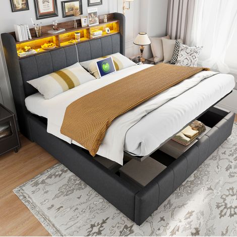 Letto matrimoniale contenitore LED USB 160x200 grigio OKMYHOME (1/5)