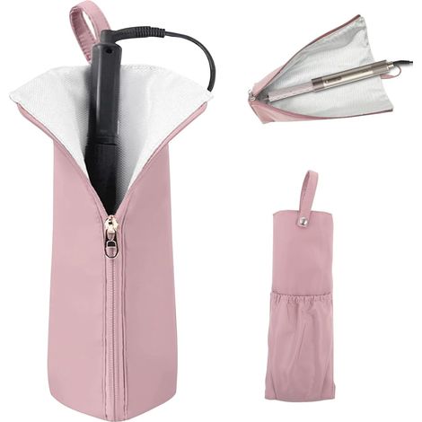 Sac de Rangement pour Fer à Friser, 2 in 1 Coussinet Lisseur Pochette Rangement Résistant à la Chaleur, Sac de Voyage Portable pour Boucleur a Cheveux, Fer a Boucler, Lisseur Cheveux, Rose (1/5)