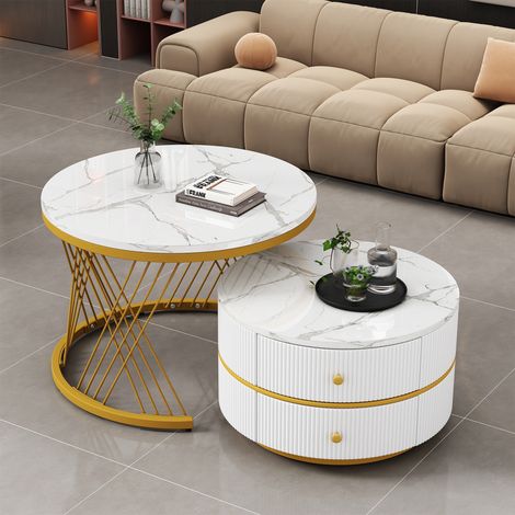Set di 2 Tavolini da caffè nidificanti 60 cm, rotondi, con 2 cassetti, piano effetto marmo, telaio a forma di X in metallo, tavolo da salotto in legno - Bianco (1/5)