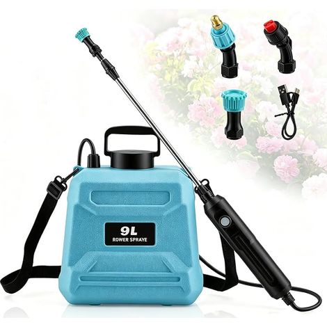 Pulvérisateur électrique à batterie 9 l, moteur en cuivre 3,7 V avec batterie 1500 mAh, autonomie de 200 min, 3 buses + lance télescopique jusqu'à 80 cm, charge USB-C, pulvérisateur de jardin pour (1/4)